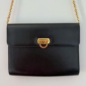 Vintage Holt Renfrew black leather large crossbody clutch bag with gold hardware